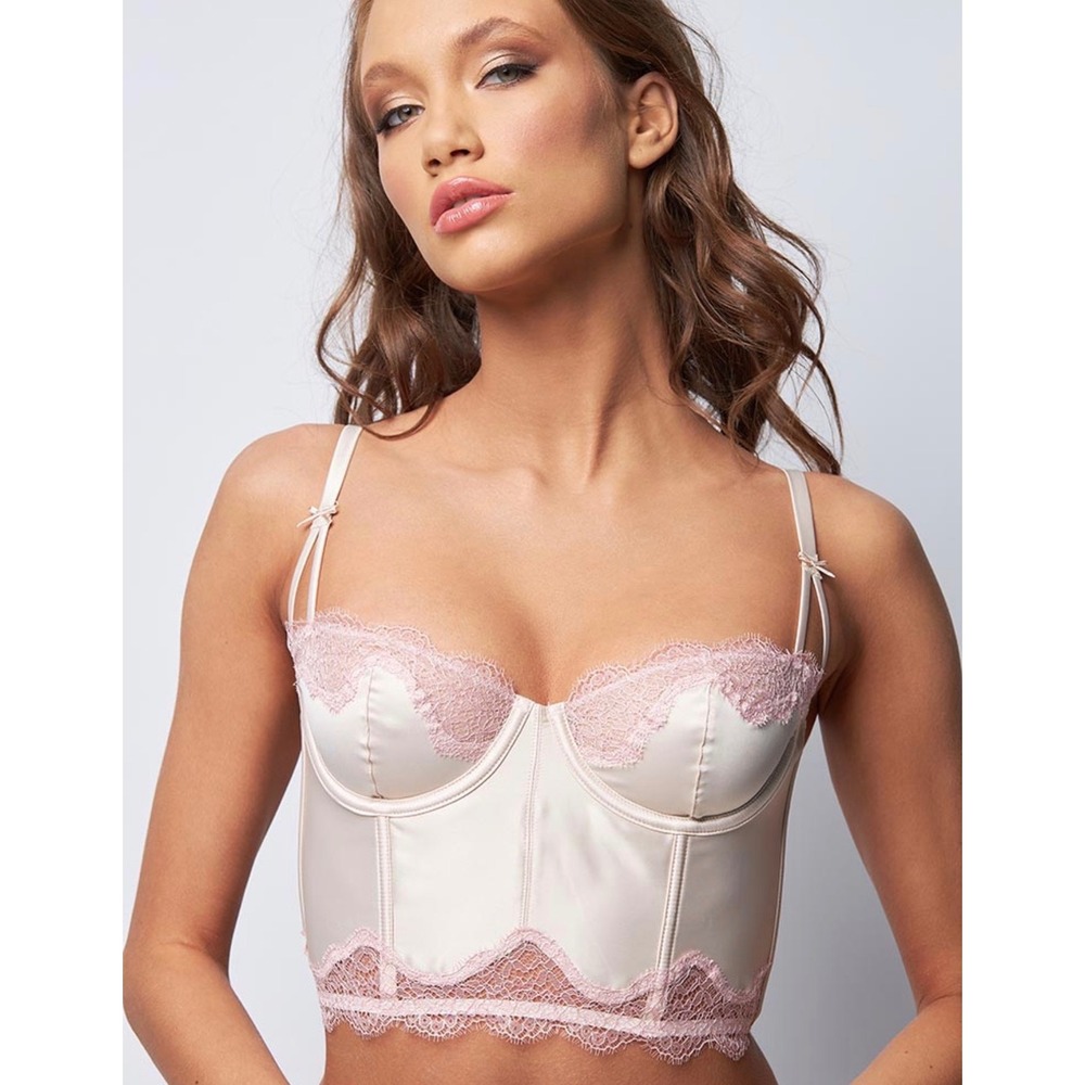 Victoria's Secret Satin Lace Corset‎ Bustier Top Champagne Pink 38DD Underwire